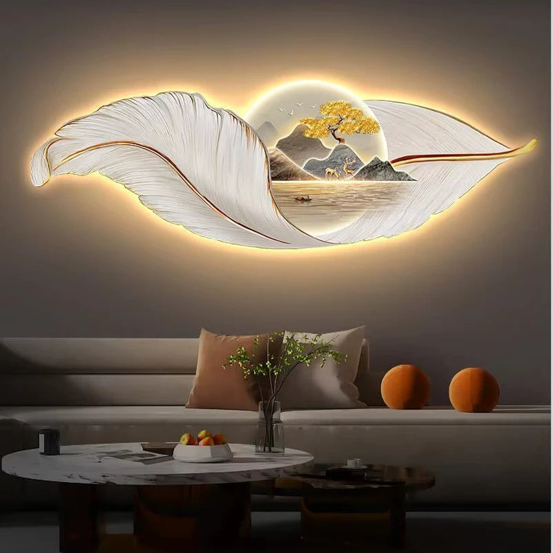 Modern Luxury LED Wall Art Creative Feather Crystal Painting Luminous Living Room Background Wall Home Decoration Wall Murals