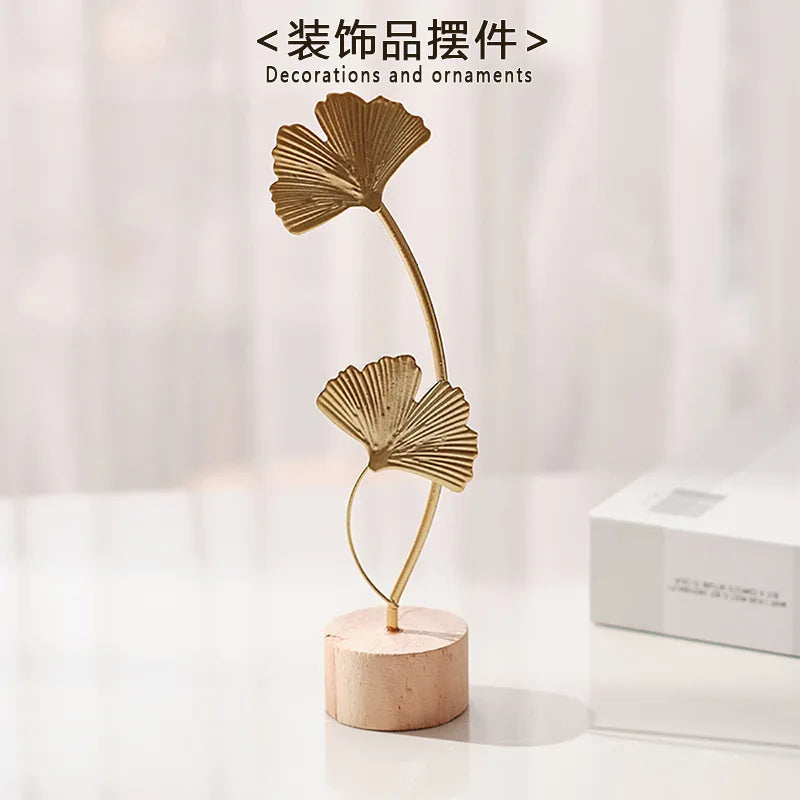 Nordic Style Light Luxury Metal Crafts Creative Home Living Room Foyer Wine Cabinet Decorations Iron Ginkgo Leaf Ornaments Wood