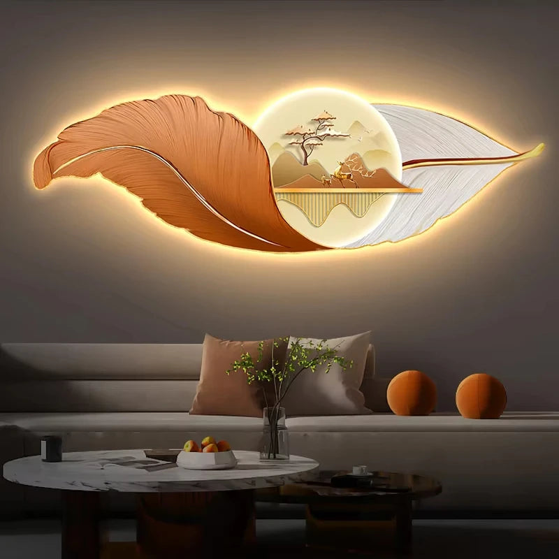Modern Luxury LED Wall Art Creative Feather Crystal Painting Luminous Living Room Background Wall Home Decoration Wall Murals