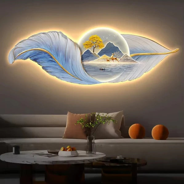 Modern Luxury LED Wall Art Creative Feather Crystal Painting Luminous Living Room Background Wall Home Decoration Wall Murals