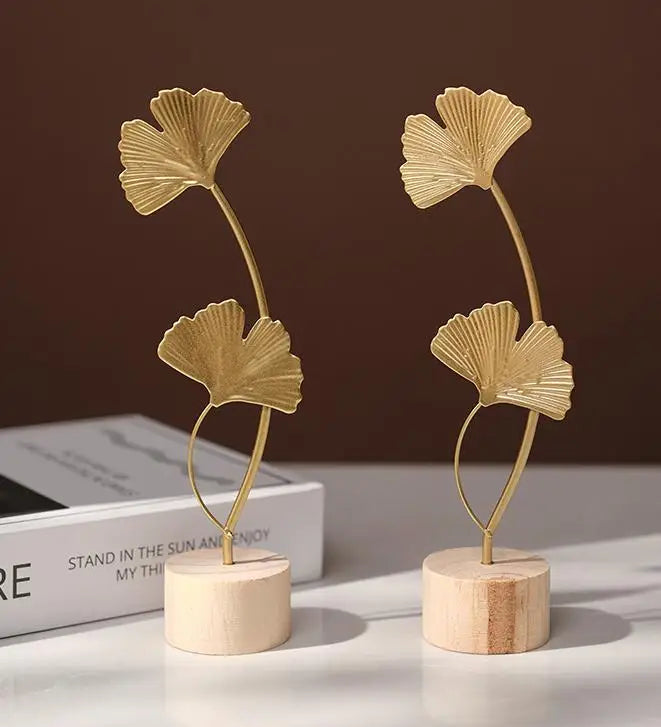 Nordic Style Light Luxury Metal Crafts Creative Home Living Room Foyer Wine Cabinet Decorations Iron Ginkgo Leaf Ornaments Wood